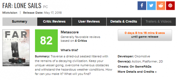 《远方：孤帆》PC版媒体平均分82分 总体好评