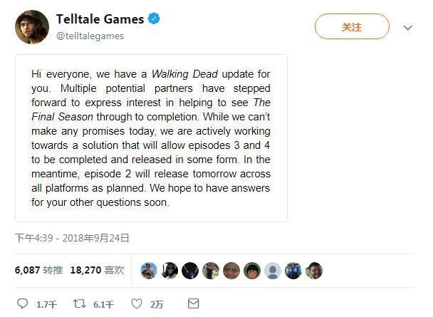 Telltale将尽力把《行尸走肉：最终季》做完 但无法保证