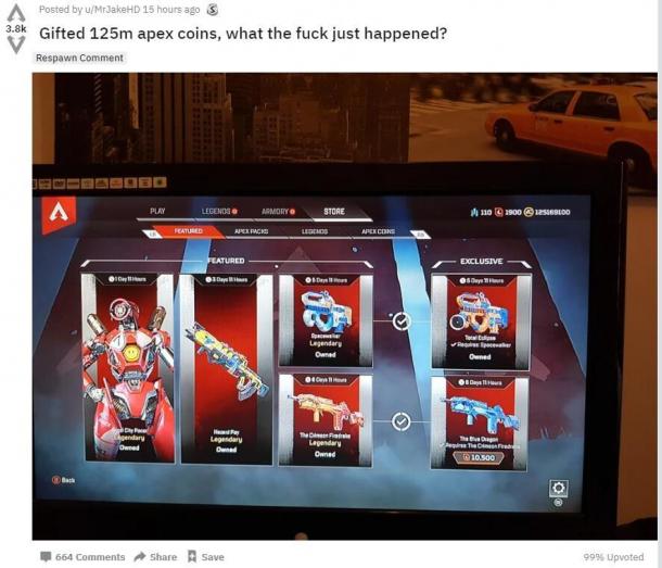 《Apex英雄》竟然出這樣的Bug 讓一玩家得1.25億游戲幣