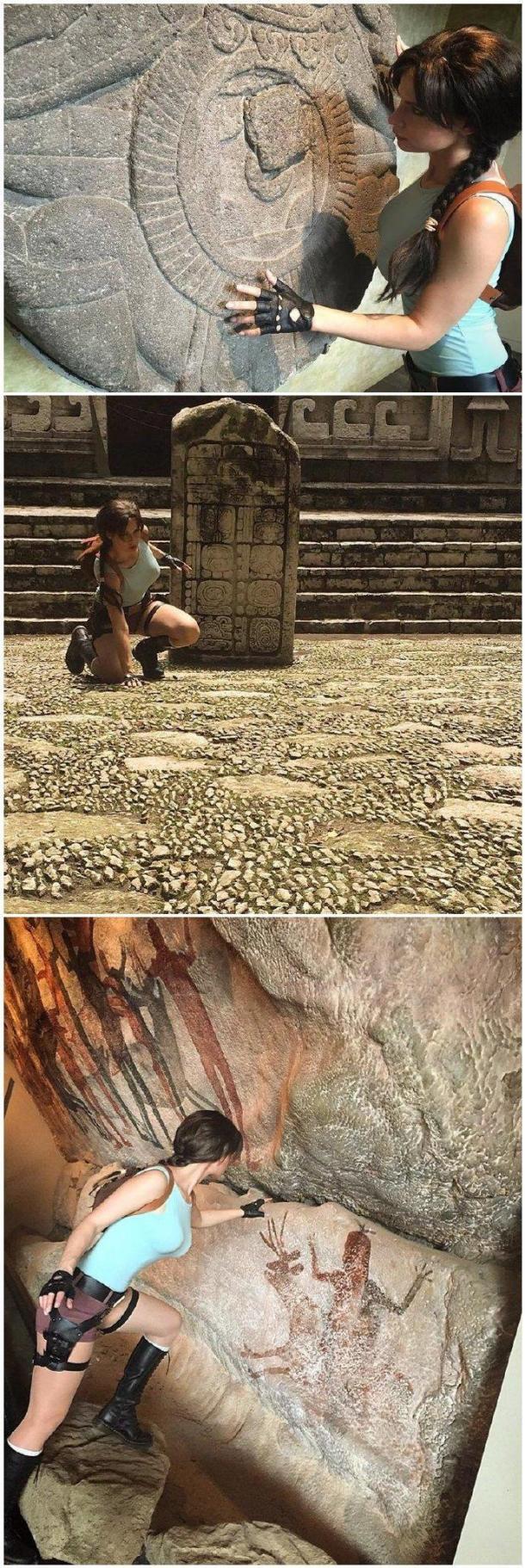 美女Cos《古墓丽影》劳拉 爆乳妹和恐龙亲密接触