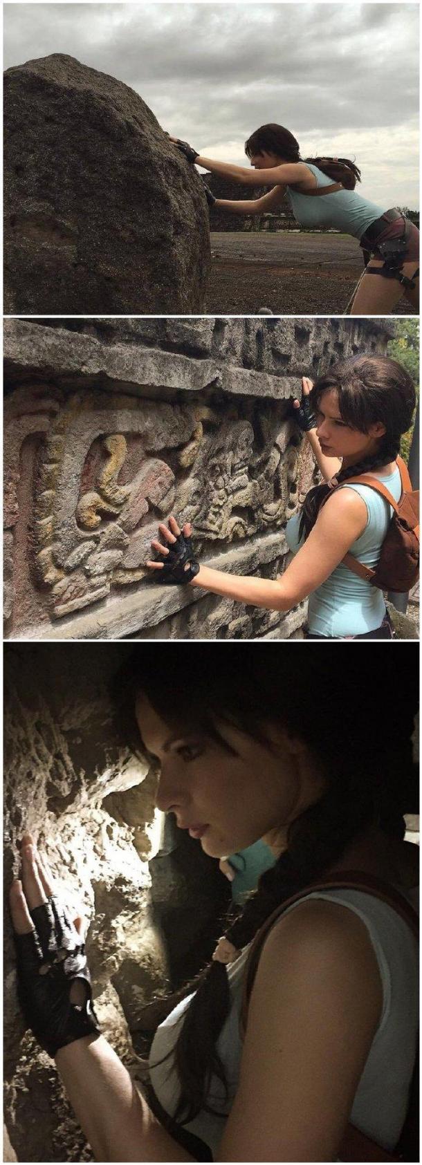 美女Cos《古墓丽影》劳拉 爆乳妹和恐龙亲密接触