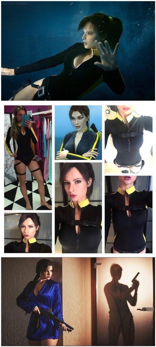 美女Cos《古墓丽影》劳拉 爆乳妹和恐龙亲密接触