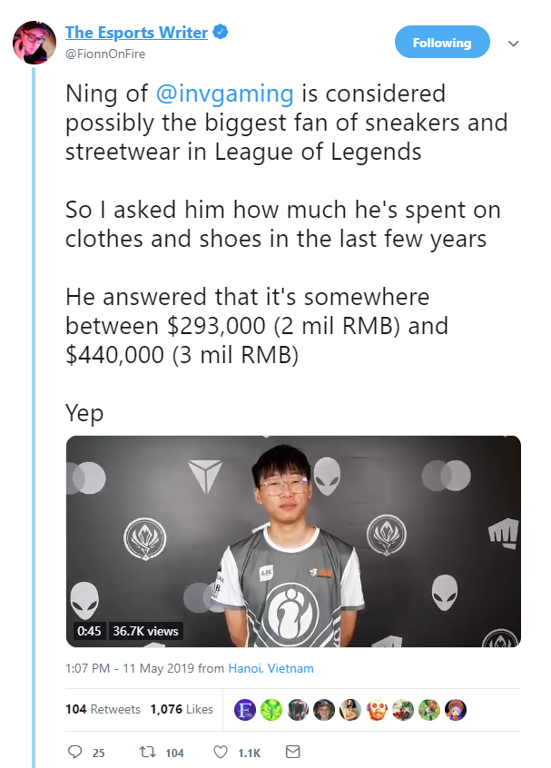 IG战队Ning接受外媒采访 在鞋服上花了两三百万