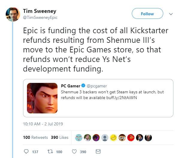《莎木3》所有退款费用将由Epic承担 未来将提前沟通