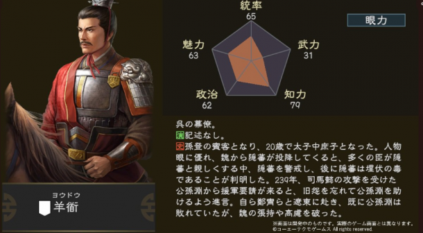 《三国志14》新武将羊衜公开 能力虽平亦有建树