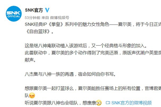 《拳皇》经典角色夏尔美登陆网游《自由篮球》