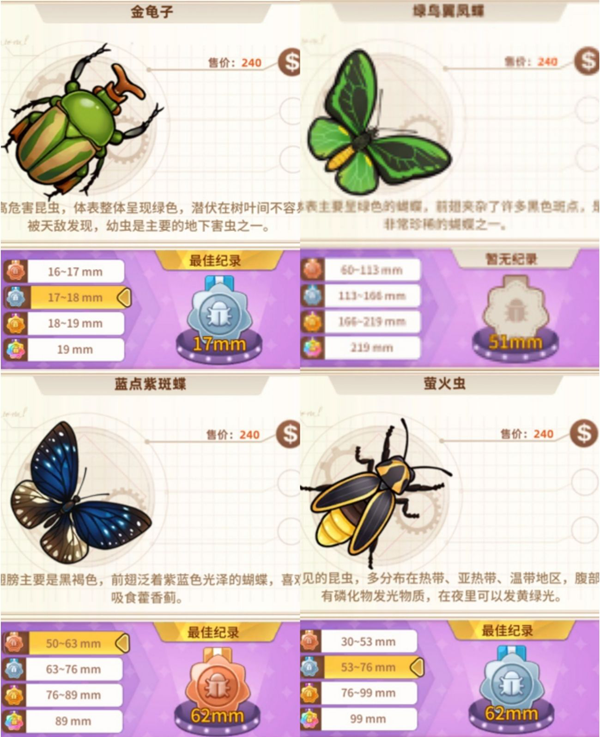 悠长假期手游昆虫图鉴大全 1星-5星昆虫图鉴汇总