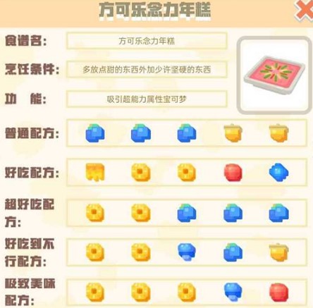 宝可梦大探险方可乐念力年糕食谱配方及吸引宠物一览