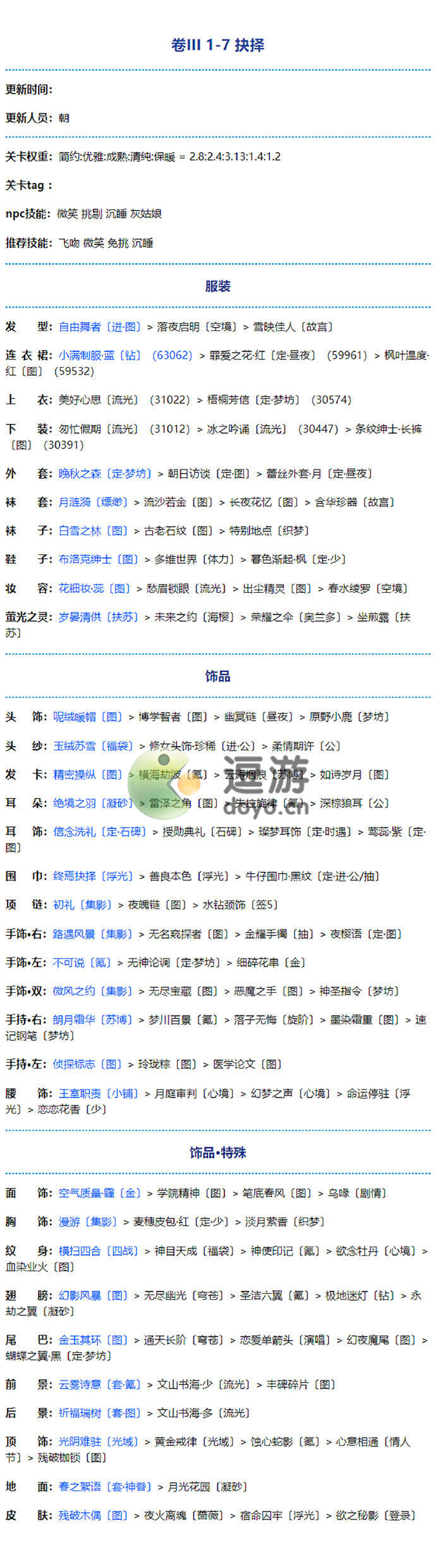 奇迹暖暖第三卷第一章全关卡高分搭配攻略